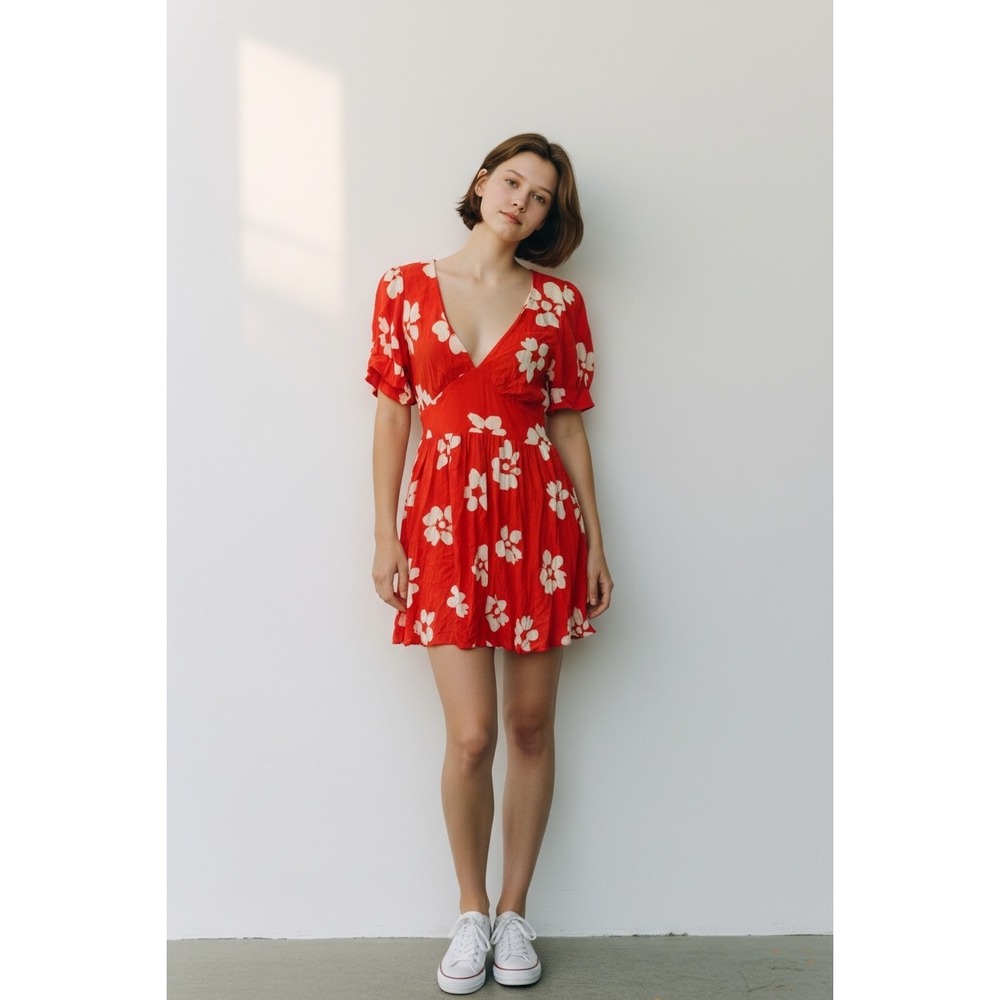 TOPSHOP Deep Orange Floral Print Short Sleeve V Neck Mini Dress UK 8‎ US 4